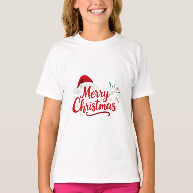 Merry Christmas Typography with Santa Hat and Snow T-Shirt (Front)