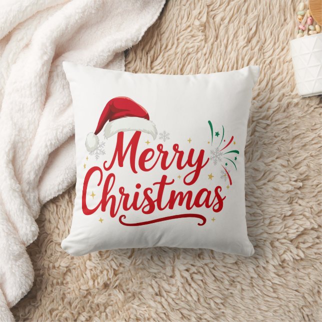 Merry Christmas Typography with Santa Hat and Snow Throw Pillow (Blanket)