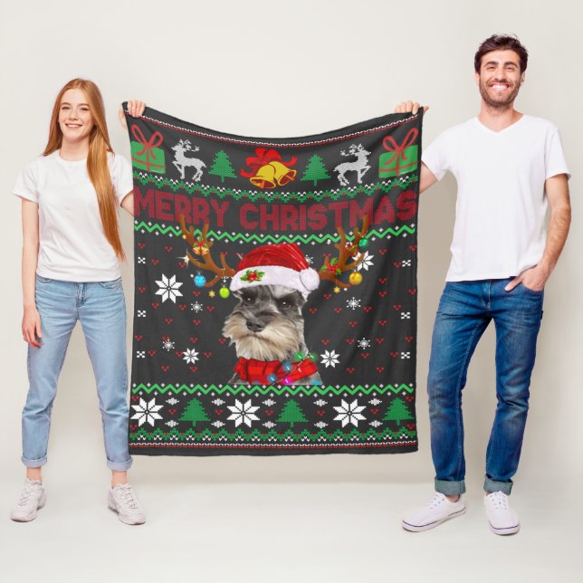Merry Christmas Ugly Dog Schnauzer Santa Hat Fleece Blanket (In Situ)