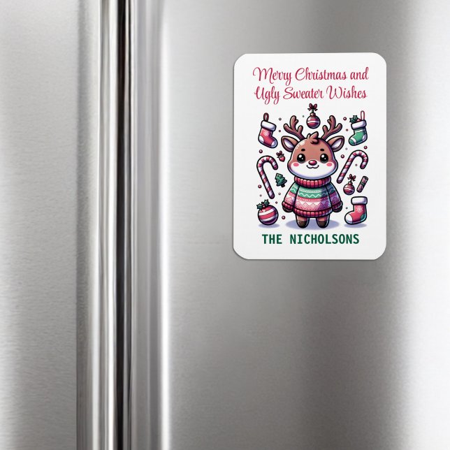 Merry Christmas & Ugly Sweater Wishes Reindeer Magnet (Creator Uploaded)