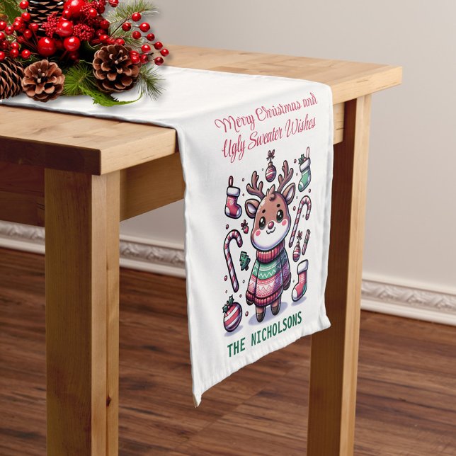 Merry Christmas & Ugly Sweater Wishes Reindeer Medium Table Runner (Creator Uploaded)