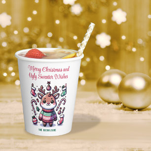 Merry Christmas & Ugly Sweater Wishes Reindeer Paper Cups
