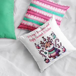 Merry Christmas & Ugly Sweater Wishes Reindeer Throw Pillow