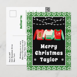 Merry Christmas Ugly Sweaters Green with Name Holiday Postcard