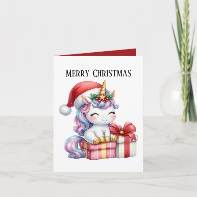 Merry Christmas unicorn add message Holiday Card (Front)