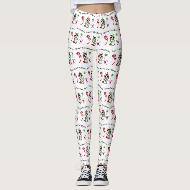 Merry Christmas Unicorn and  Holiday Candy Leggings (Front)