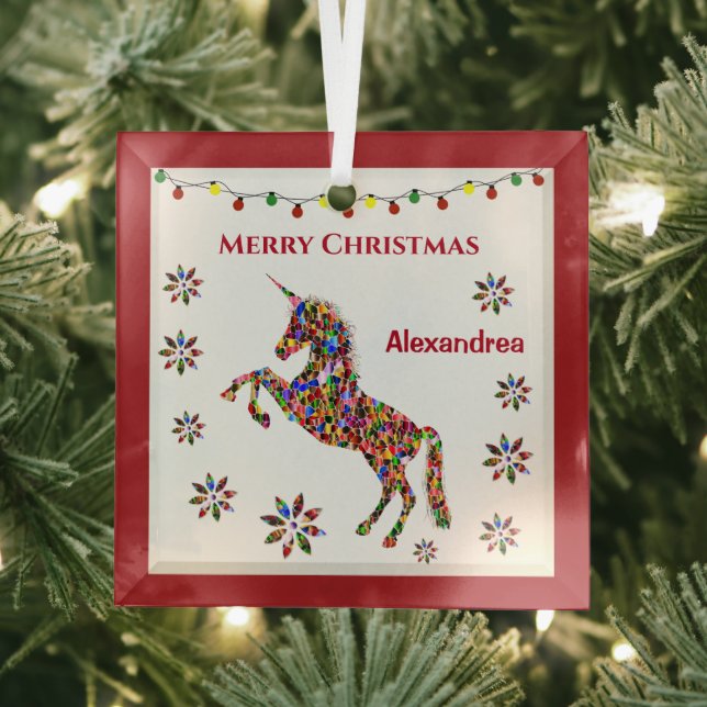 Merry Christmas Unicorn Glitter Personalize Glass Ornament (Insitu)