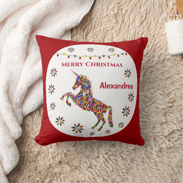 Merry Christmas Unicorn Glitter Personalize   Throw Pillow (Blanket)