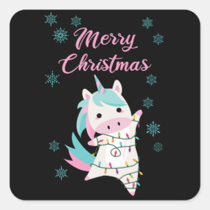 Merry Christmas Unicorn Magical Snow Square Sticker