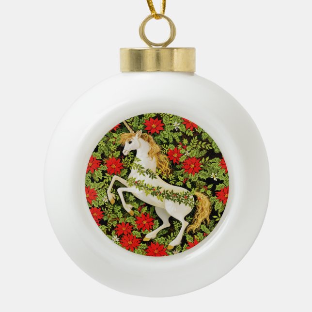 Merry Christmas Unicorn Red Green White Ceramic Ball Christmas Ornament (Front)