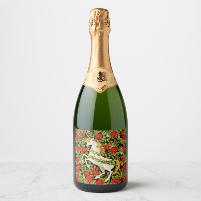 Merry Christmas Unicorn Red Green White Sparkling Wine Label (Front)