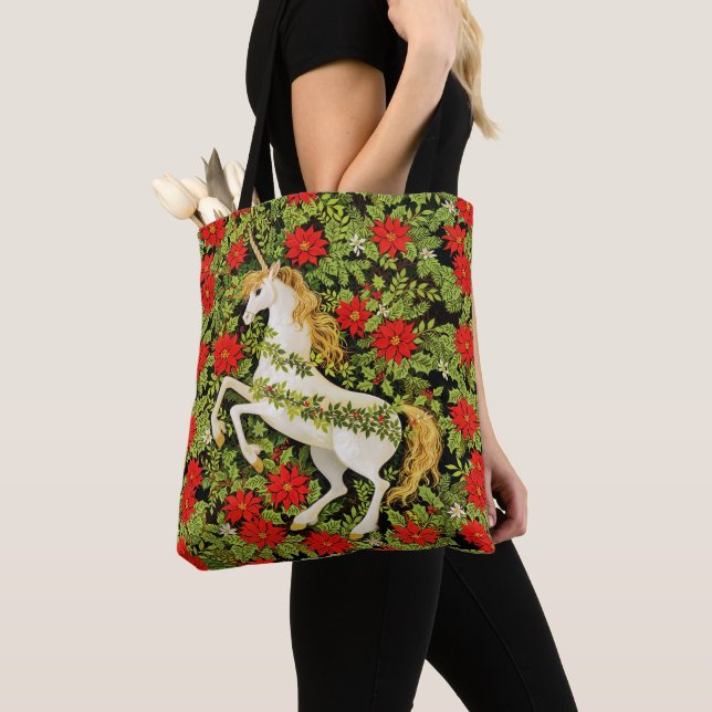 Merry Christmas Unicorn Red Green White Tote Bag (Close Up)