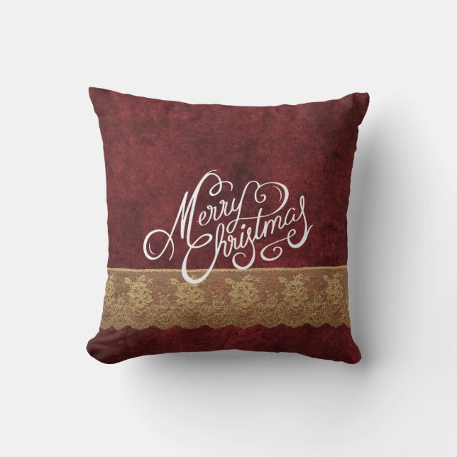 Merry Christmas Velvet Lace Red Gold Holiday Throw Pillow (Front)
