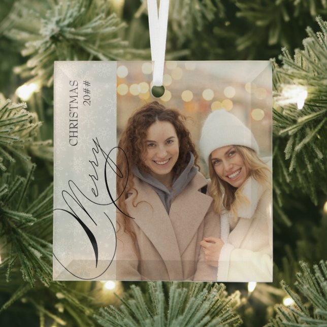 Merry Christmas Vertical Photo Snowflake Glass Ornament (Insitu)