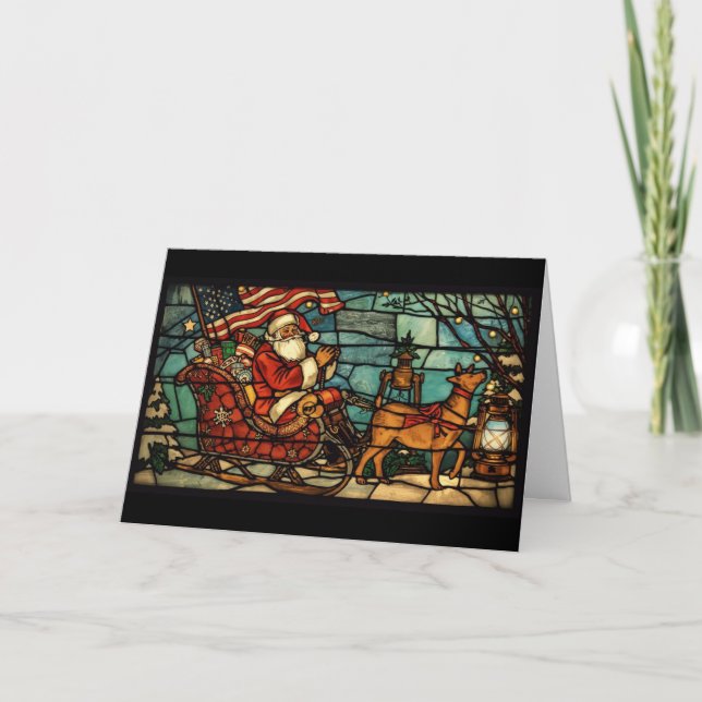Merry Christmas Veteran Stained Glass Santa  Holiday Card (Front)