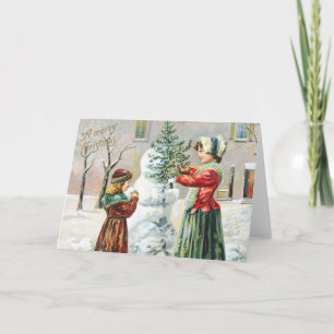 Merry Christmas Victorian Family and Snowman Holiday Card