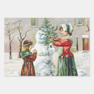 Merry Christmas Victorian Family and Snowman Wrapping Paper Sheet