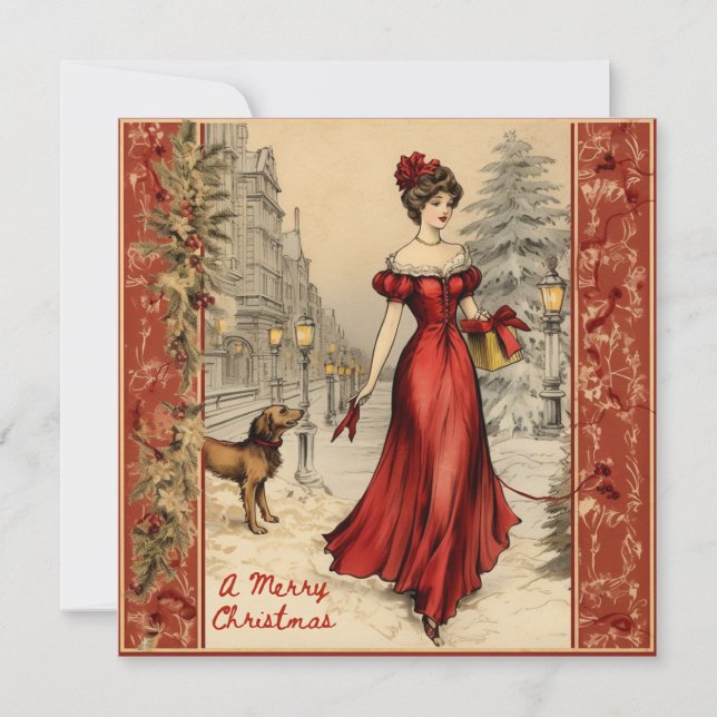 Merry Christmas Victorian Lady Illustration  Holiday Card (Front)