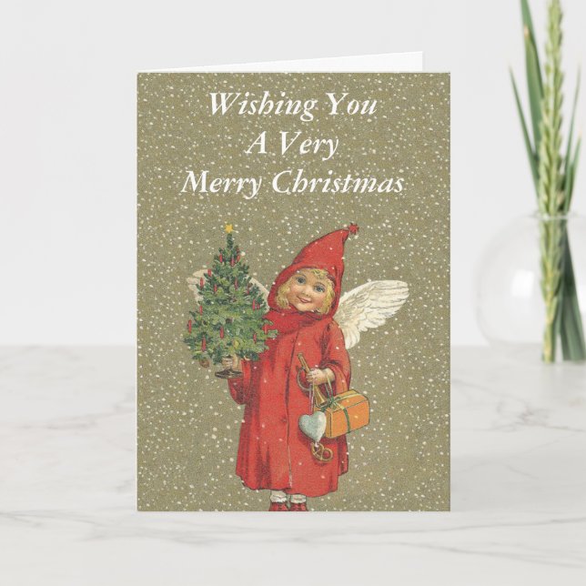 Merry Christmas Victorian Little Girl Angel Tree Holiday Card (Front)