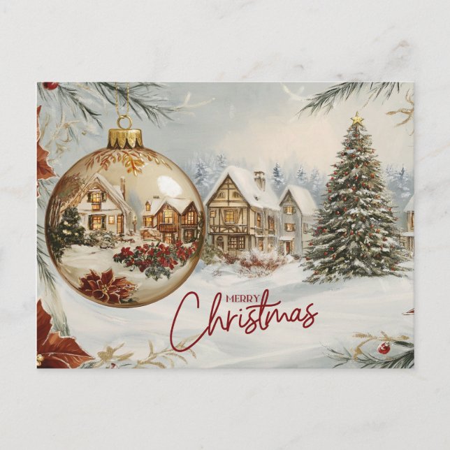 Merry Christmas Village, Christmas Tree, Ornament  Holiday Postcard (Front)