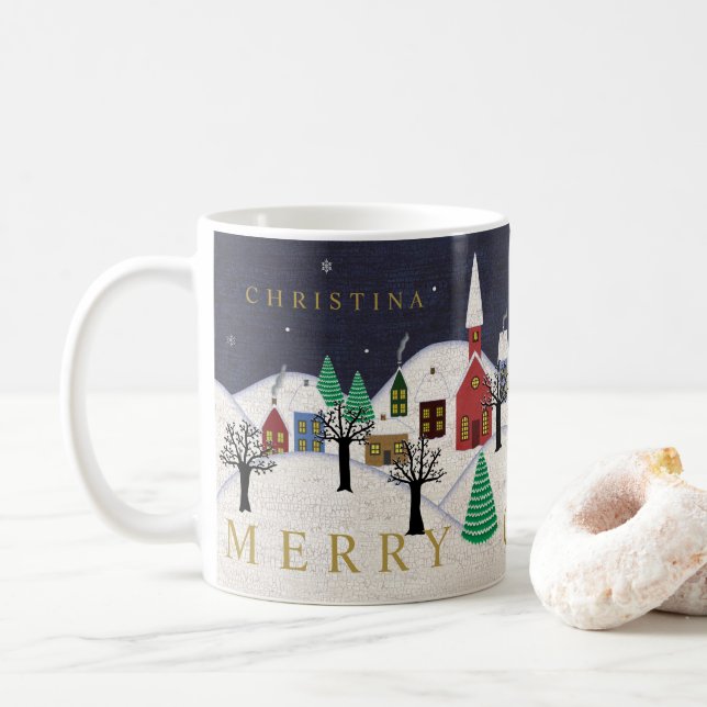 Merry Christmas Village Folk Art Monogrammed Name Coffee Mug (With Donut)