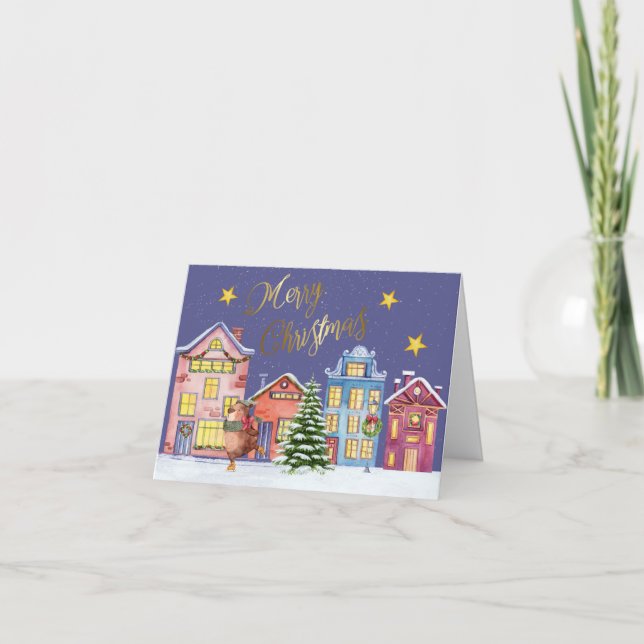 Merry Christmas Village Scene Holiday Card (Front)