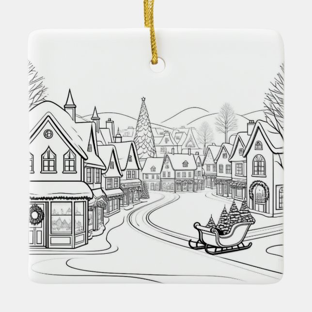 Merry Christmas Village Snow Scene Personalized Ceramic Ornament (Front)