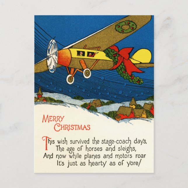 Merry Christmas Vintage Airplane Holiday Postcard (Front)