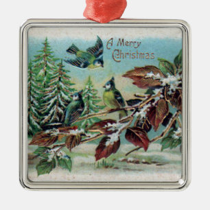 Merry Christmas Vintage Birds Ceramic Ornament
