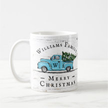 Merry Christmas Vintage Blue Truck Farmhouse Mug