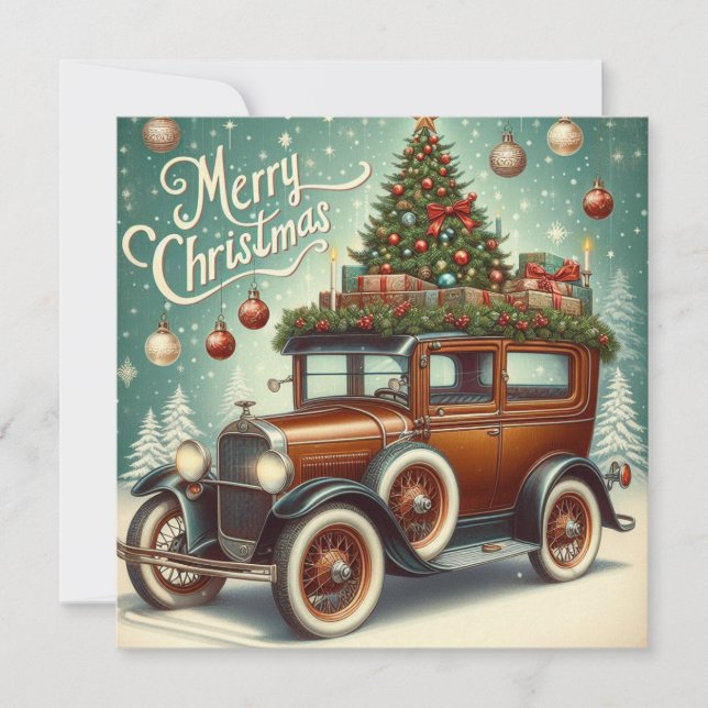 Merry Christmas vintage car Christmas tree Holiday Card (Front)