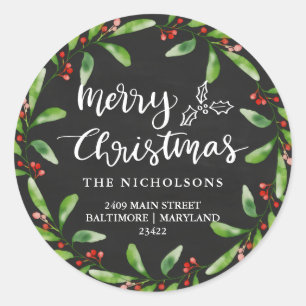 Merry Christmas Vintage Chalkboard Return Address  Classic Round Sticker