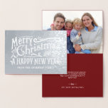 Merry Christmas Vintage Chalkboard Silver Foil Foil Card<br><div class="desc">Vintage chalkboard style hand lettered Christmas typography folded holiday greeting cards with optional photo. Elegant shimmering foil highlights the festive hand-drawn retro lettering and fancy swirls. Add a photo and create your own customized message with our easy template, or get creative and change the background, text styles and colours inside....</div>
