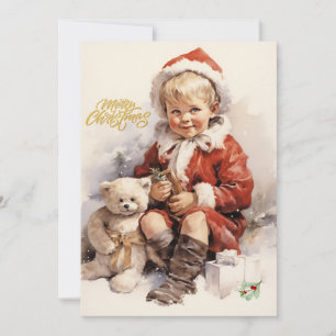 Merry Christmas Vintage Child with Teddy Bear Holiday Card