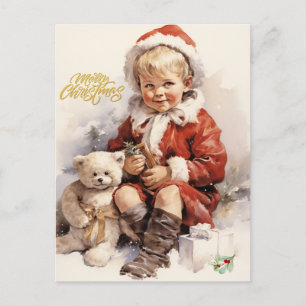 Merry Christmas Vintage Child with Teddy Bear  Holiday Postcard
