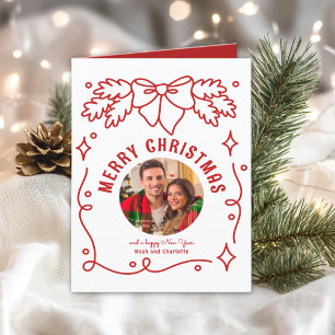 Merry Christmas Vintage Coquette Bow Spruce Photo Holiday Card