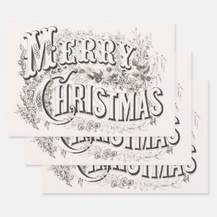 Merry Christmas, Vintage Currier & Ives (reprod) Wrapping Paper Sheet