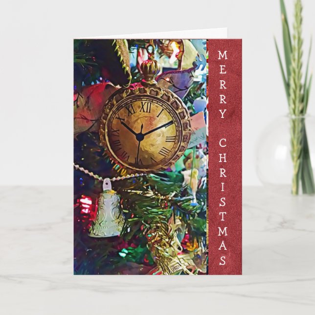 Merry Christmas Vintage Gold  Pocket Watch Card (Front)