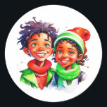 Merry Christmas | Vintage Kids Classic Round Sticker<br><div class="desc">Cute vintage style African-American kids.  Adorable stickers to seal your Christmas cards or goodie bags with.</div>