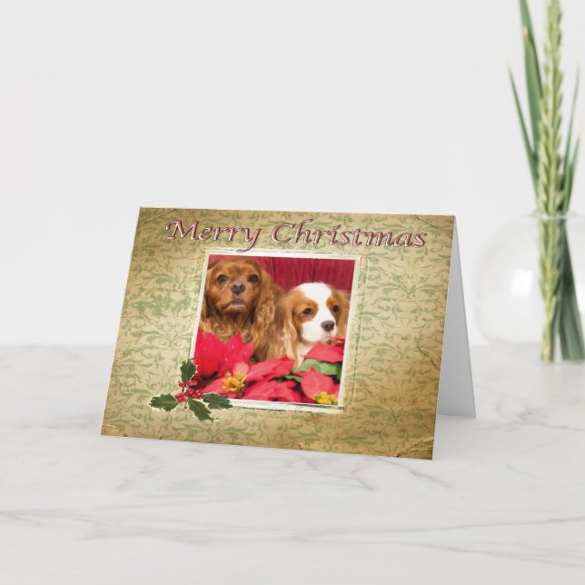 Merry Christmas Vintage King Charles Spaniels Card (Front)