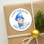 Merry Christmas | Vintage Little Elf To and From Classic Round Sticker<br><div class="desc">Personalized adorable little Caucasian vintage elf in blue winter hat. Cute vintage style retro stickers to give you a nostalgic feeling.   A gift for personalized to and from gift tags.</div>