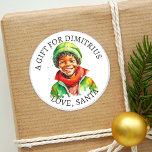 Merry Christmas | Vintage Little Elf To and From  Classic Round Sticker<br><div class="desc">Personalized adorable little vintage ethnic elf child in winter hat. Cute green and red vintage style retro stickers to give you a nostalgic feeling.  To and from gift tag.</div>