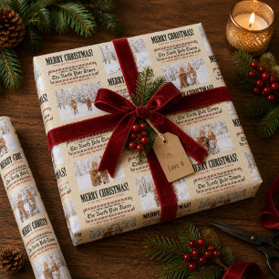 Merry Christmas Vintage Newspaper Photo Collage Wrapping Paper