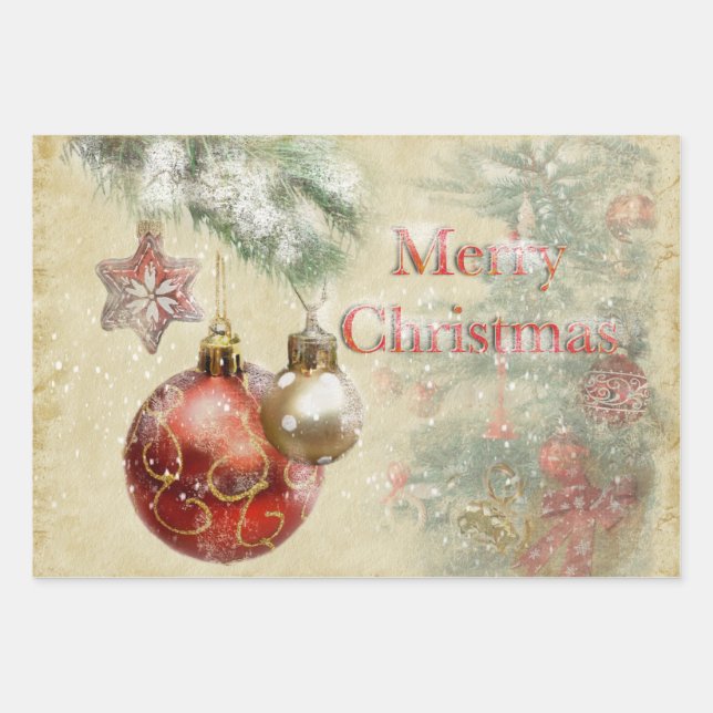 "Merry Christmas" Vintage Ornaments Wrapping Paper Sheet (Front)
