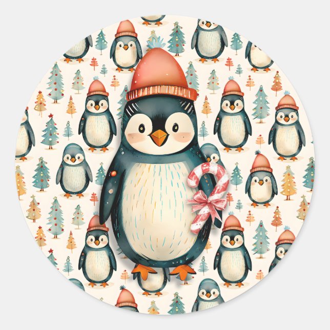 Merry Christmas  | Vintage Penguins Christmas Classic Round Sticker (Front)