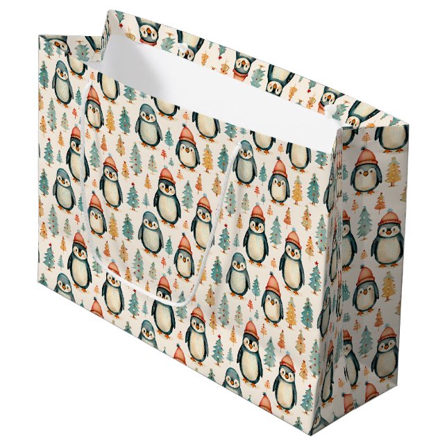 Merry Christmas  | Vintage Penguins Christmas Large Gift Bag (Front Angled)