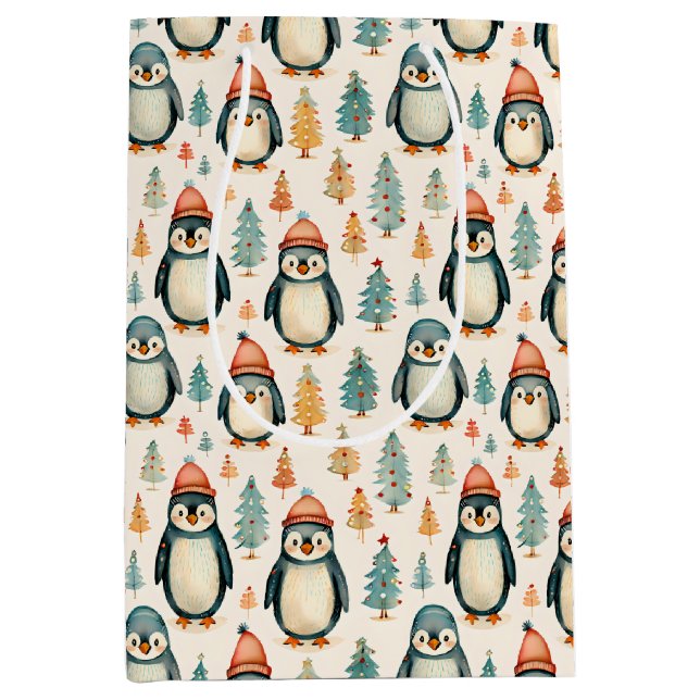 Merry Christmas  | Vintage Penguins Christmas Medium Gift Bag (Front)