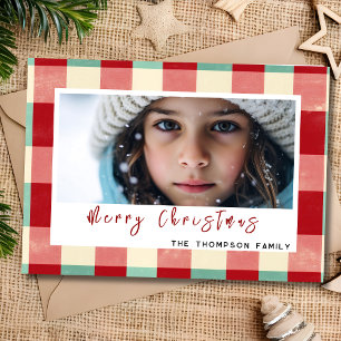 Merry Christmas vintage plaid custom photo Holiday Card