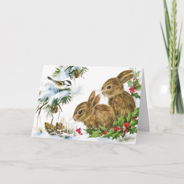 Merry Christmas Vintage Rabbits Holiday Card (Front)