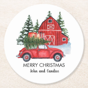 Merry Christmas Vintage Red Car Barn Trees Name Round Paper Coaster